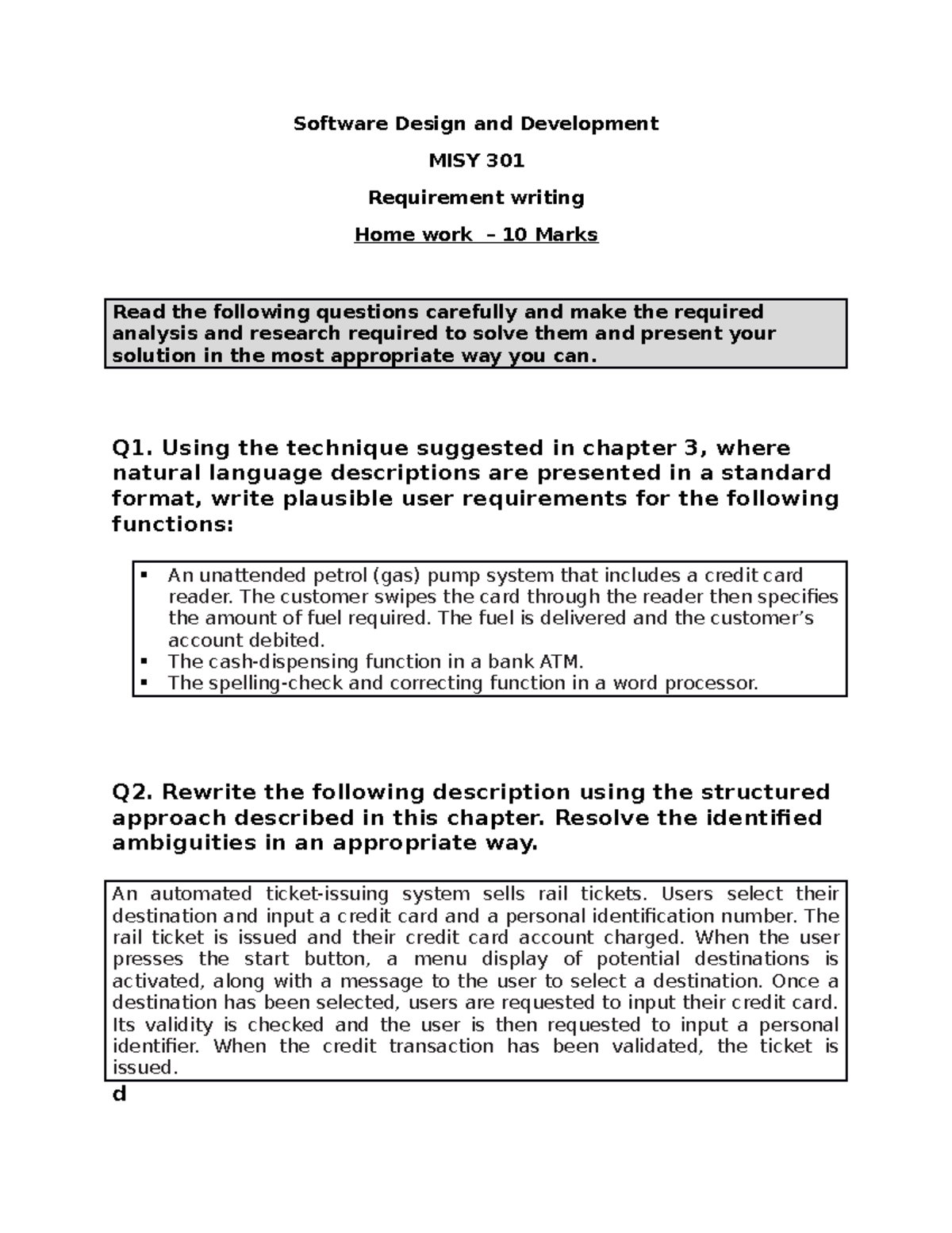 HW - requirement engineering - Software Design and Development MISY 301 ...