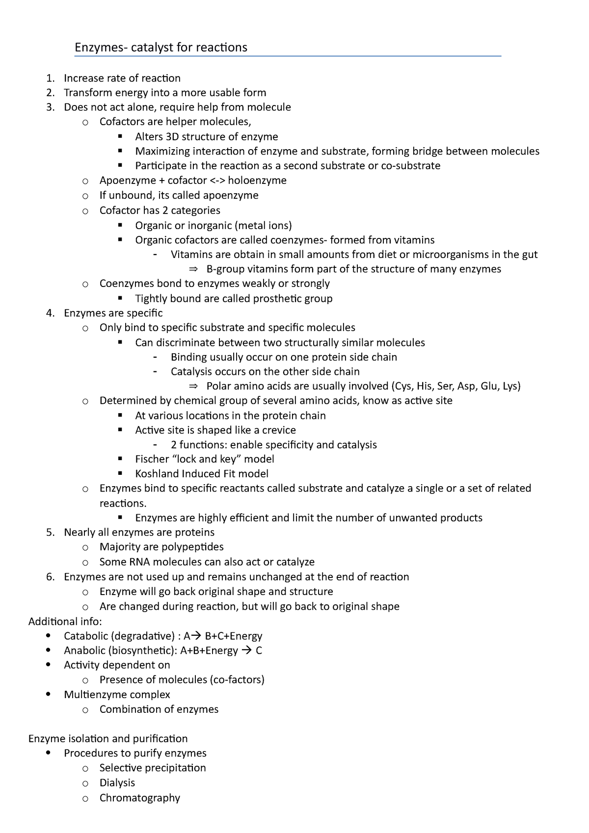 Enzymes Summary - catalyst for reactions 1. Increase rate of reaction 2 ...