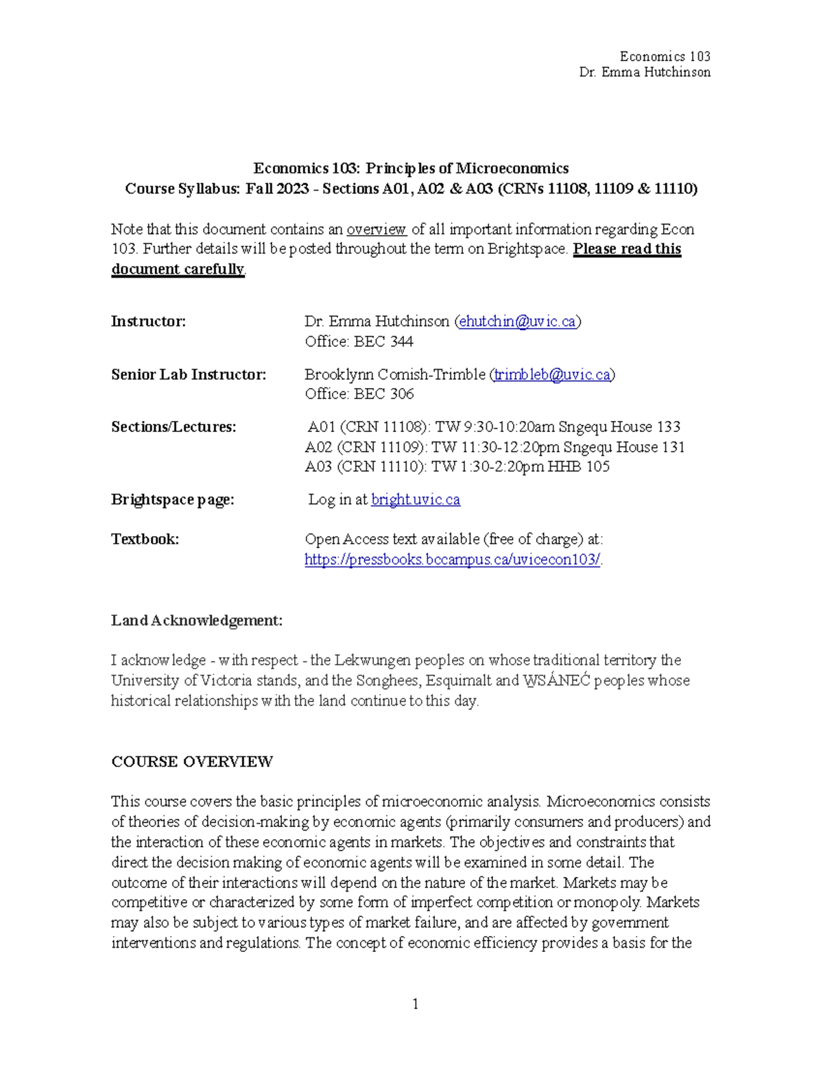 Econ103 Syllabus F 23 - Dr. Emma Hutchinson Economics 103: Principles ...