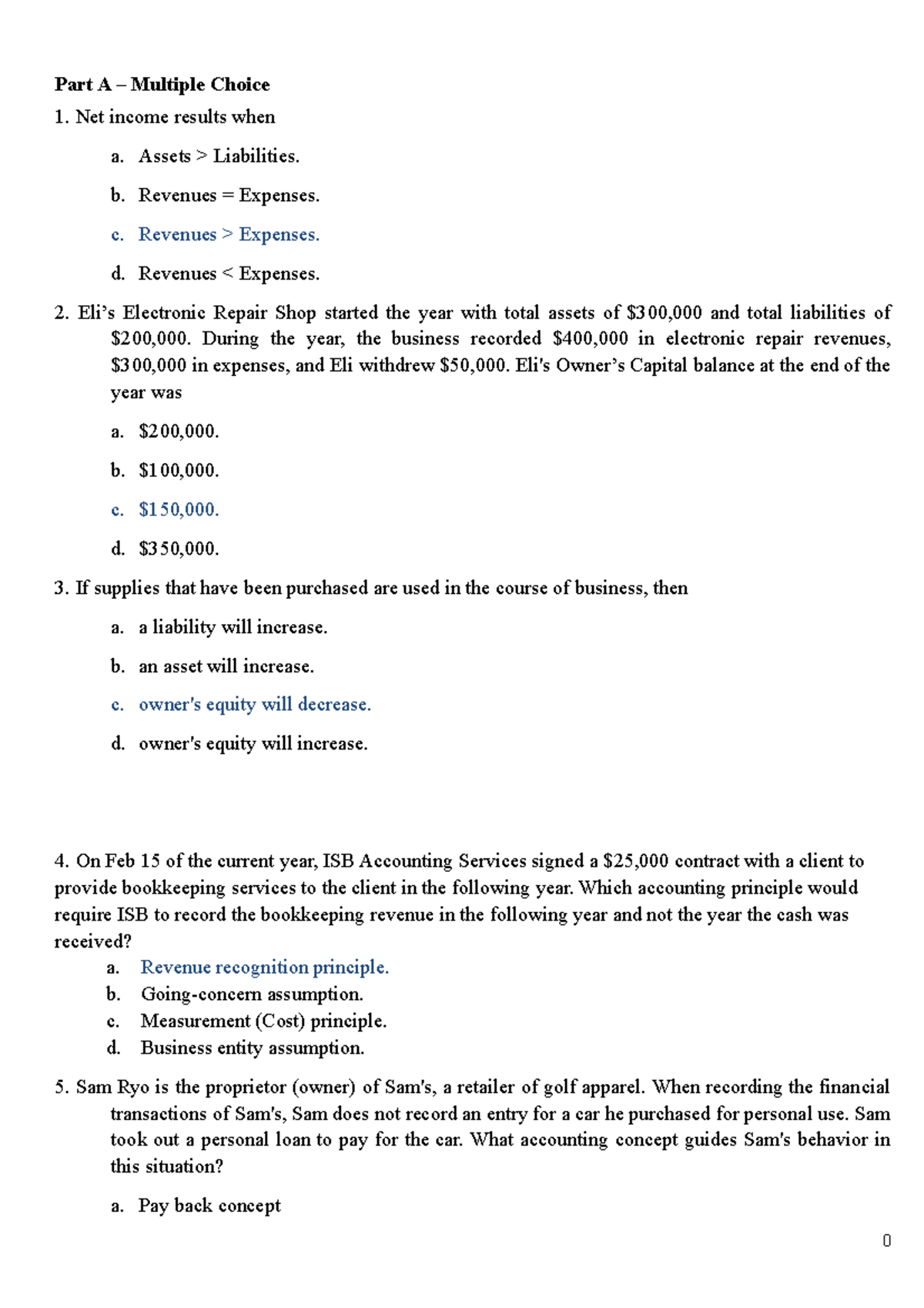 Mock test PA final exam - Part A – Multiple Choice Net income results ...