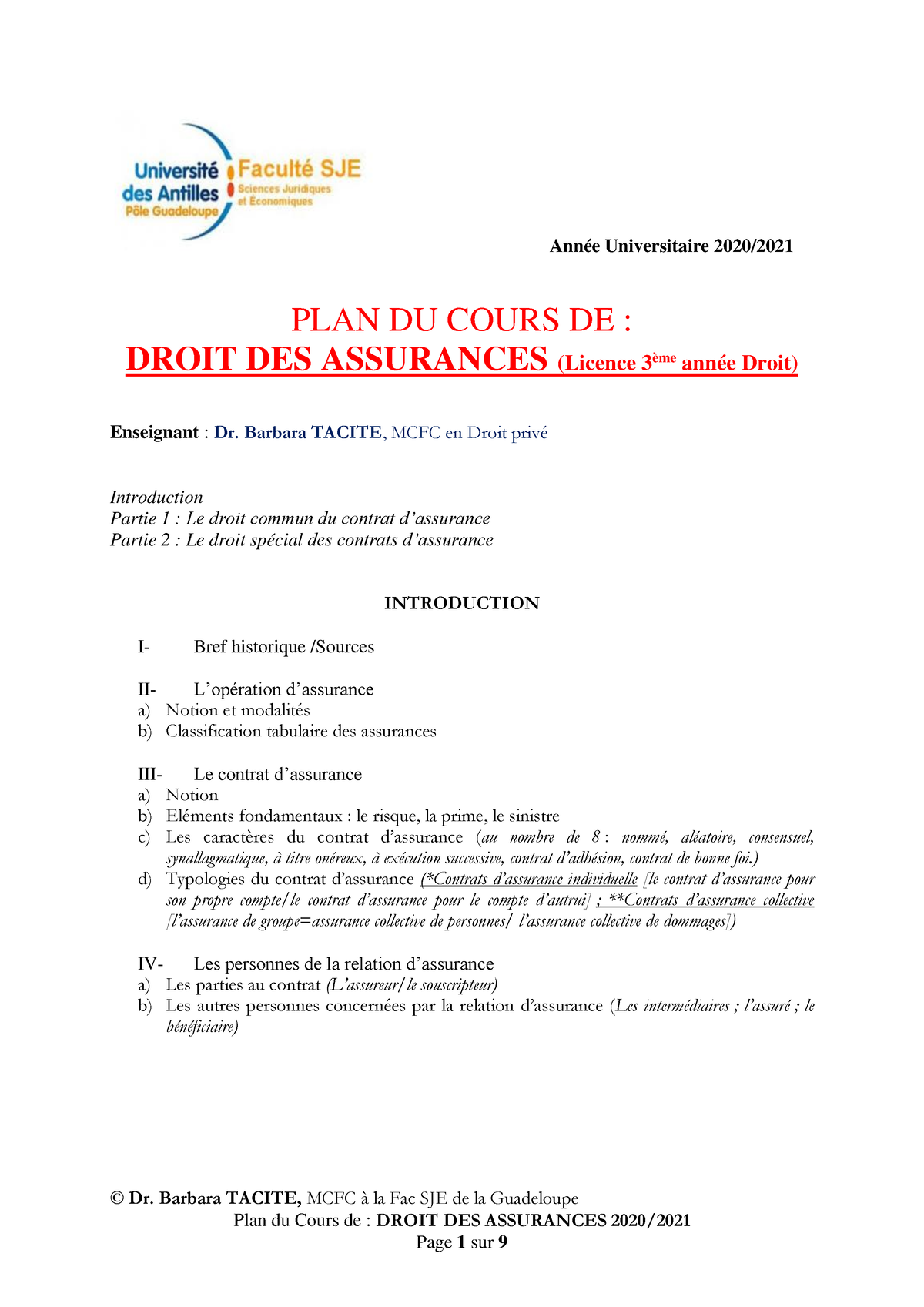 PLAN -Cours De Droit DES Assurances B. Tacite - © Dr. Barbara TACITE ...