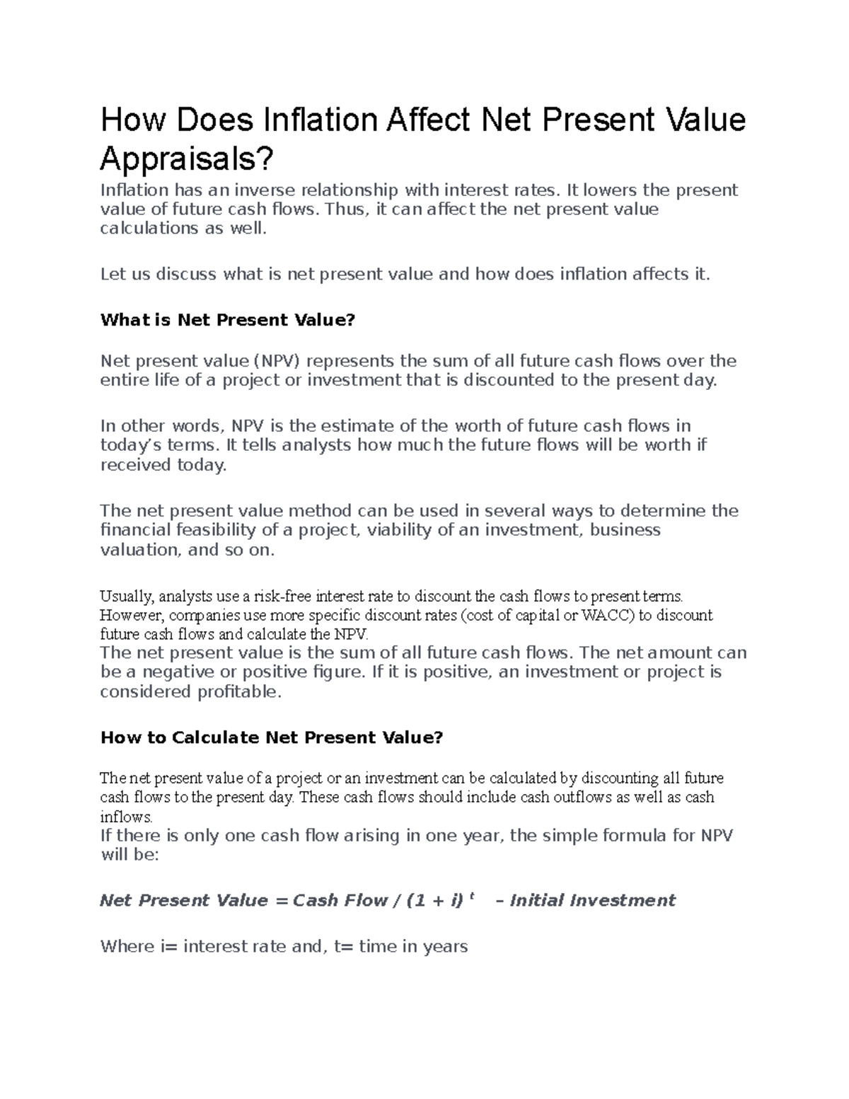 How Does Inflation Affect Net Present Value Appraisals How Does