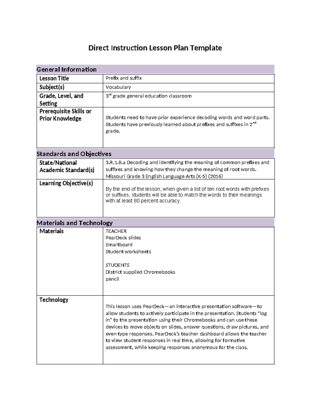 Direct Instruction Lesson Plan Template - Students Have Previously 