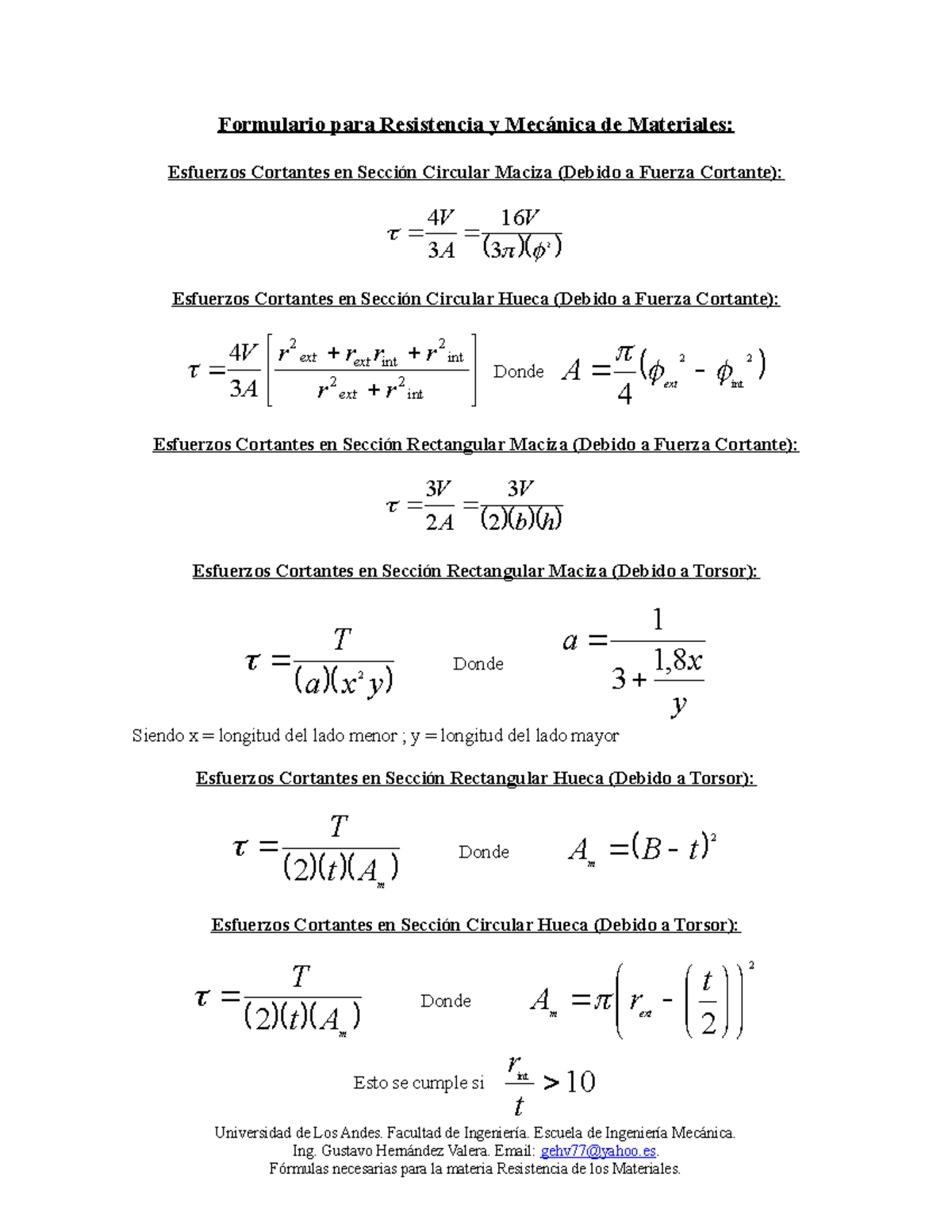 Formulario De Resistencia De Los Materiales - Formulario Para ...