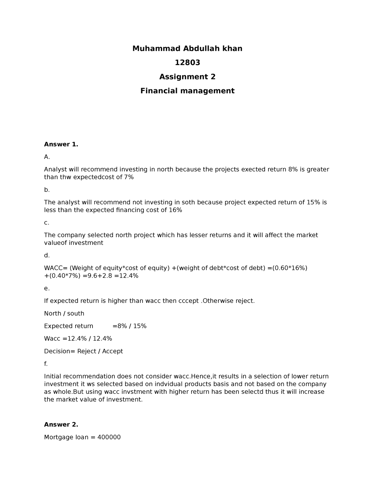 Assignment 2. Financial Management - Muhammad Abdullah Khan 12803 ...