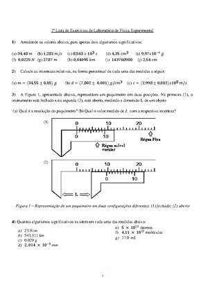 Lista de exercicios - LISTA DE EXERCÍCIOS Disciplina de Física Experimental  I 1) Quantos algarismos - Studocu
