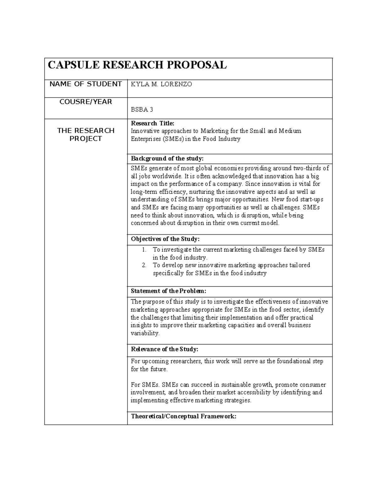 research capsule - CAPSULE RESEARCH PROPOSAL NAME OF STUDENT KYLA M ...