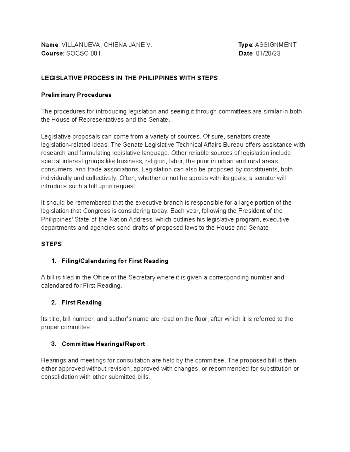 Socsc - socss notes - Name: VILLANUEVA, CHIENA JANE V. Type: ASSIGNMENT ...