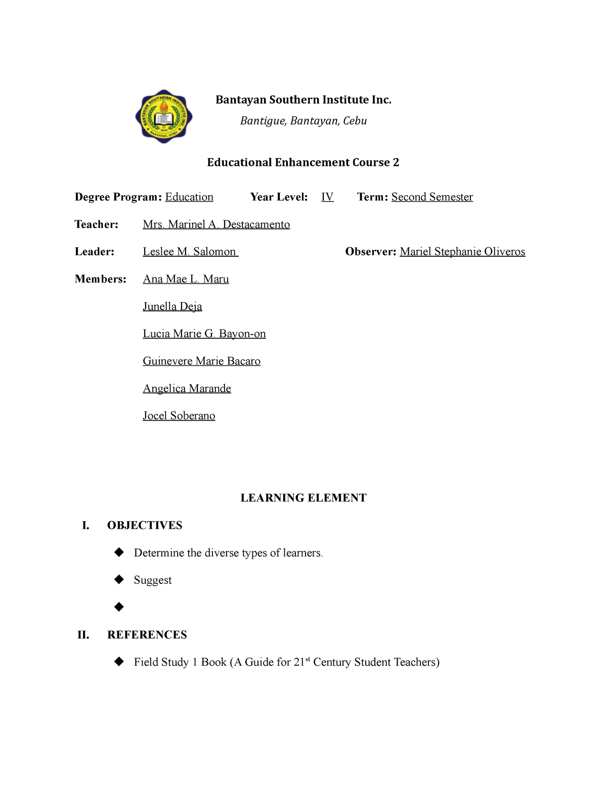 Learning-Element-BSED-IV-2 - Bantayan Southern Institute Inc. Bantigue ...