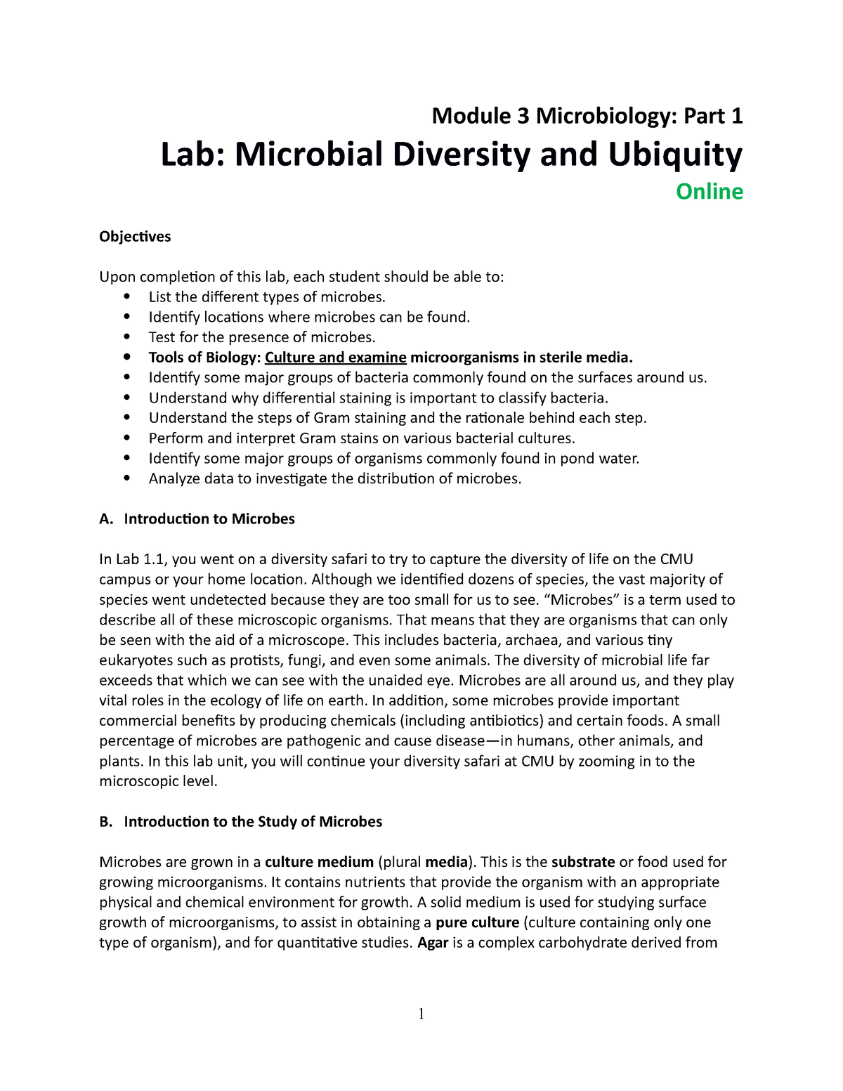 BIO 111 Lab 3.1 Microbial Diversity Fall 2020 Revised - Module 3 ...
