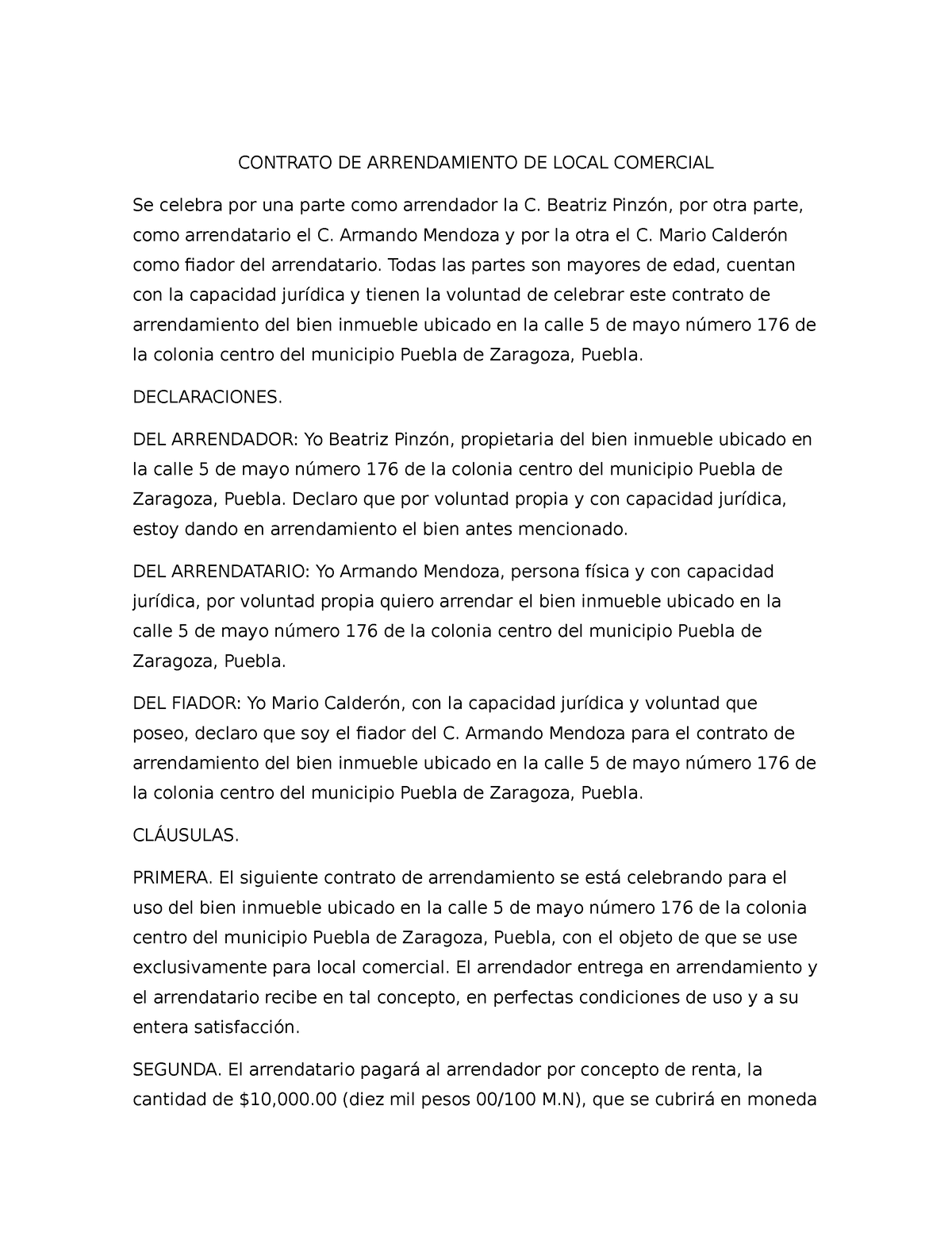 Contrato de Arrendamiento - CONTRATO DE ARRENDAMIENTO DE LOCAL ...