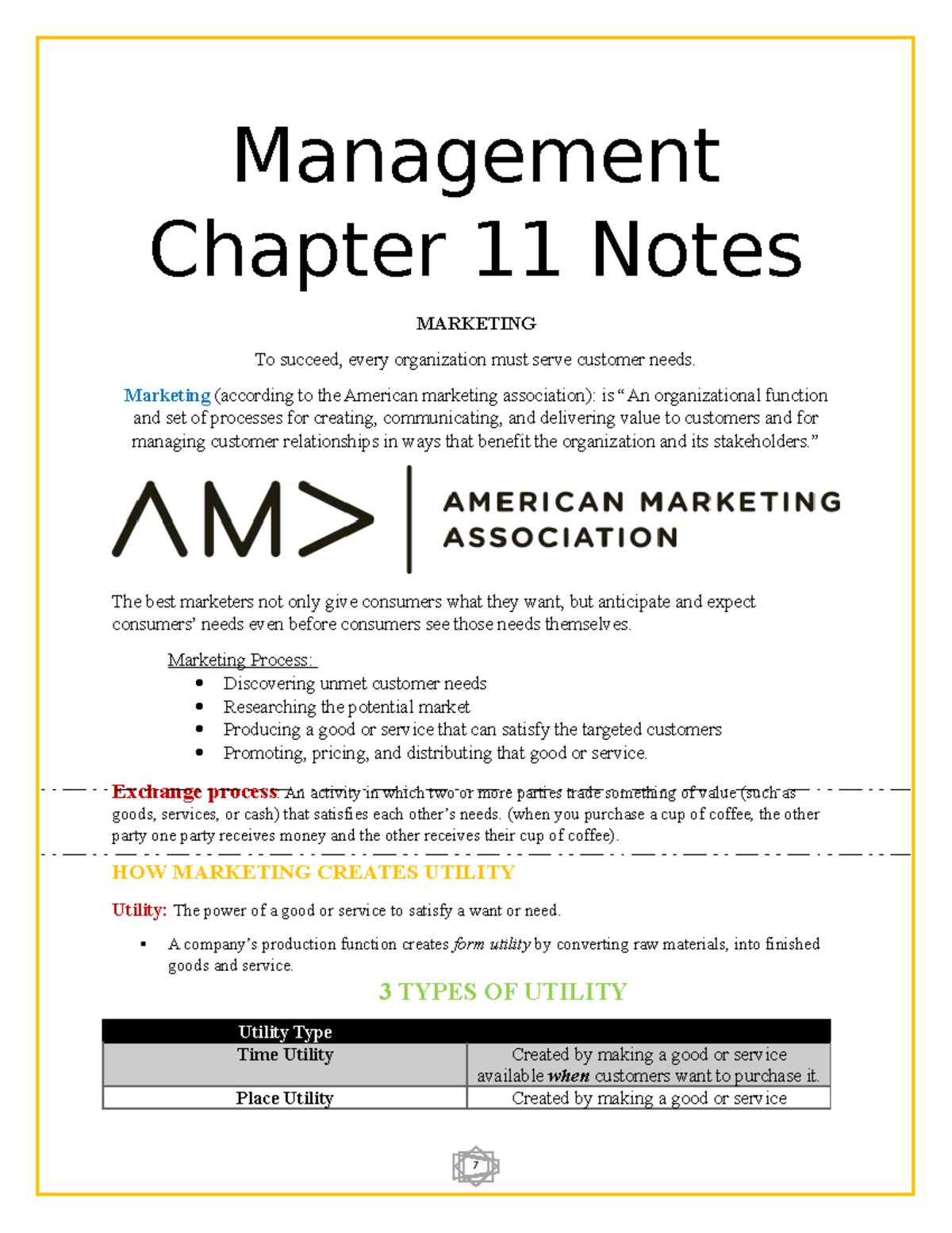 Management Chapter 11 Notes - Management Chapter 11 Notes MARKETING To ...