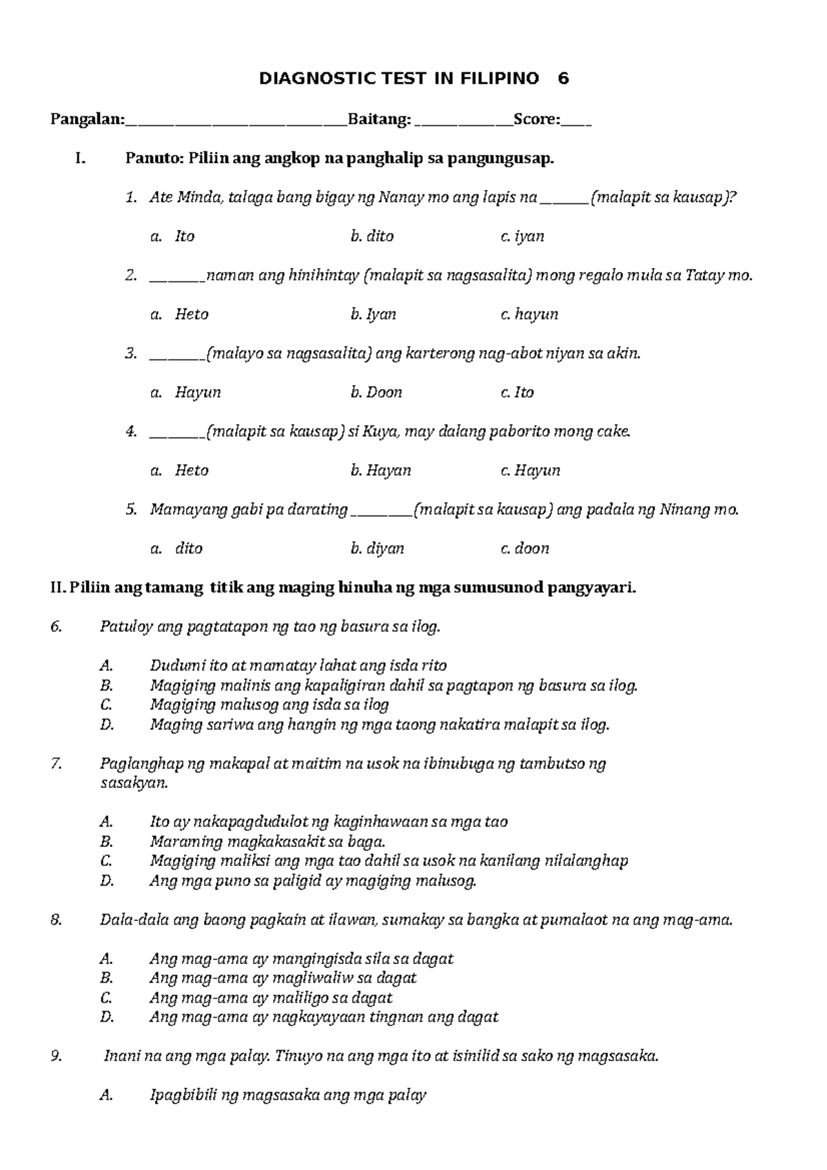 Diagnostic filipino 6 diagnostic test in filipino 6 studocu
