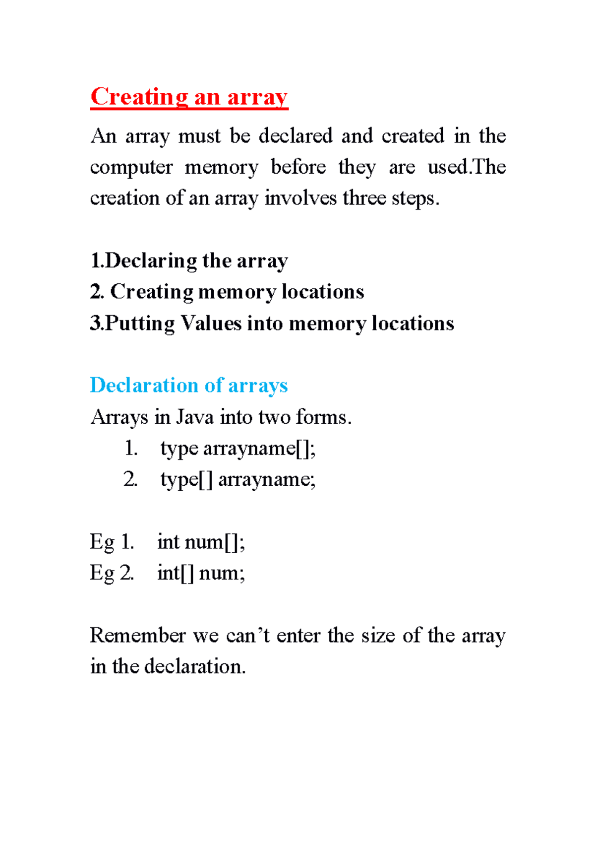 Creating an array - It’s a lecture note - Creating an array An array ...