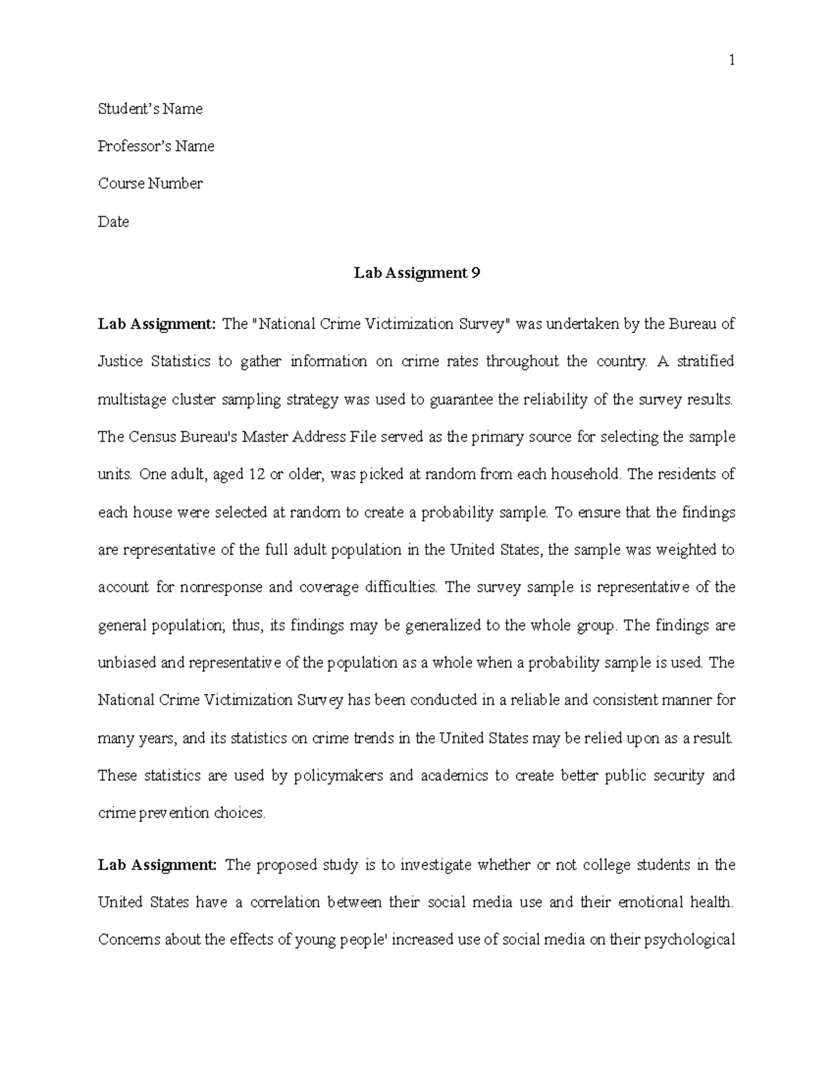 Lab Assignment 9.docx 1 Student’s Name Professor’s Name Course Number