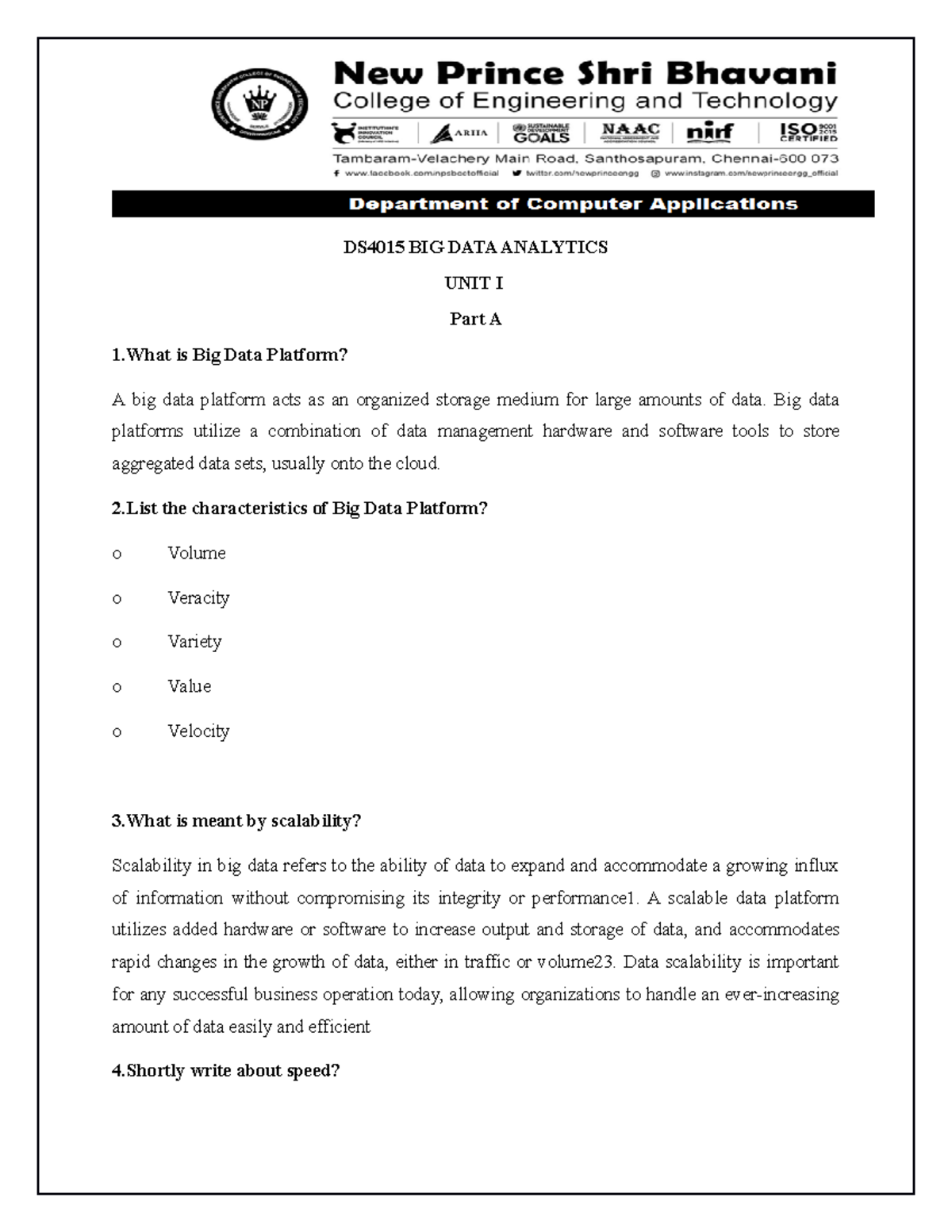 BDA QB final C - DS4015 BIG DATA ANALYTICS UNIT I Part A 1 is Big Data ...