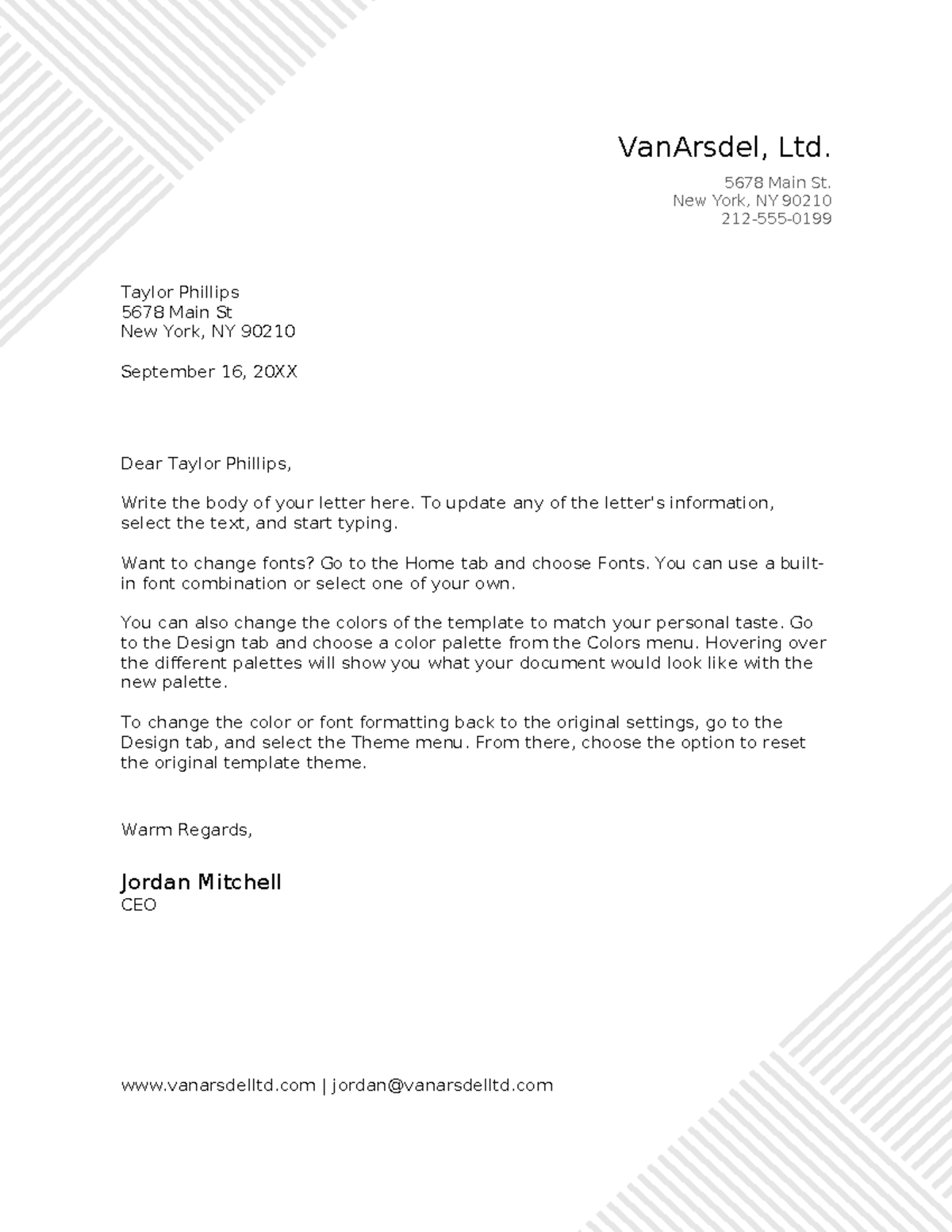 Pinstripes letterhead - VanArsdel, Ltd. 5678 Main St. New York, NY ...