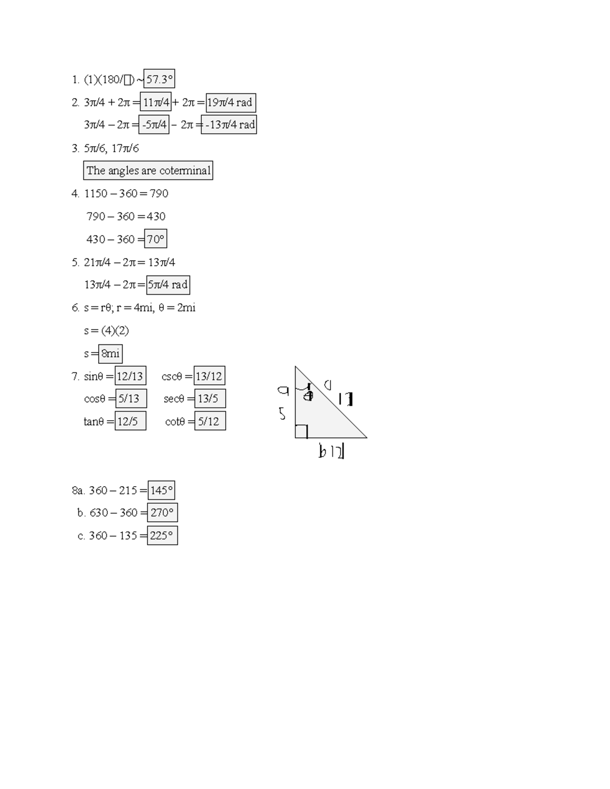 MATH 1300 Practice Problems Ch. 6-8 with Extras - (1)(180/𝐀) ~ 57° 3π/4 ...