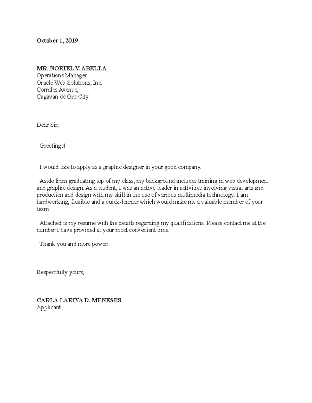 Sample APP Letter - resume - October 1, 2019 MR. NORIEL V. ABELLA ...