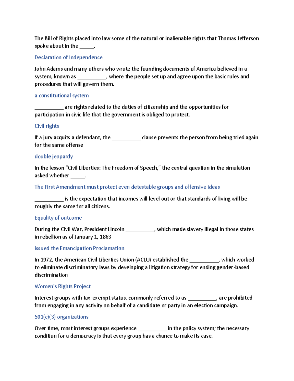 POLS 1301 2 Midterm 1 - Lecture Notes for Exam 2 - The Bill of Rights ...