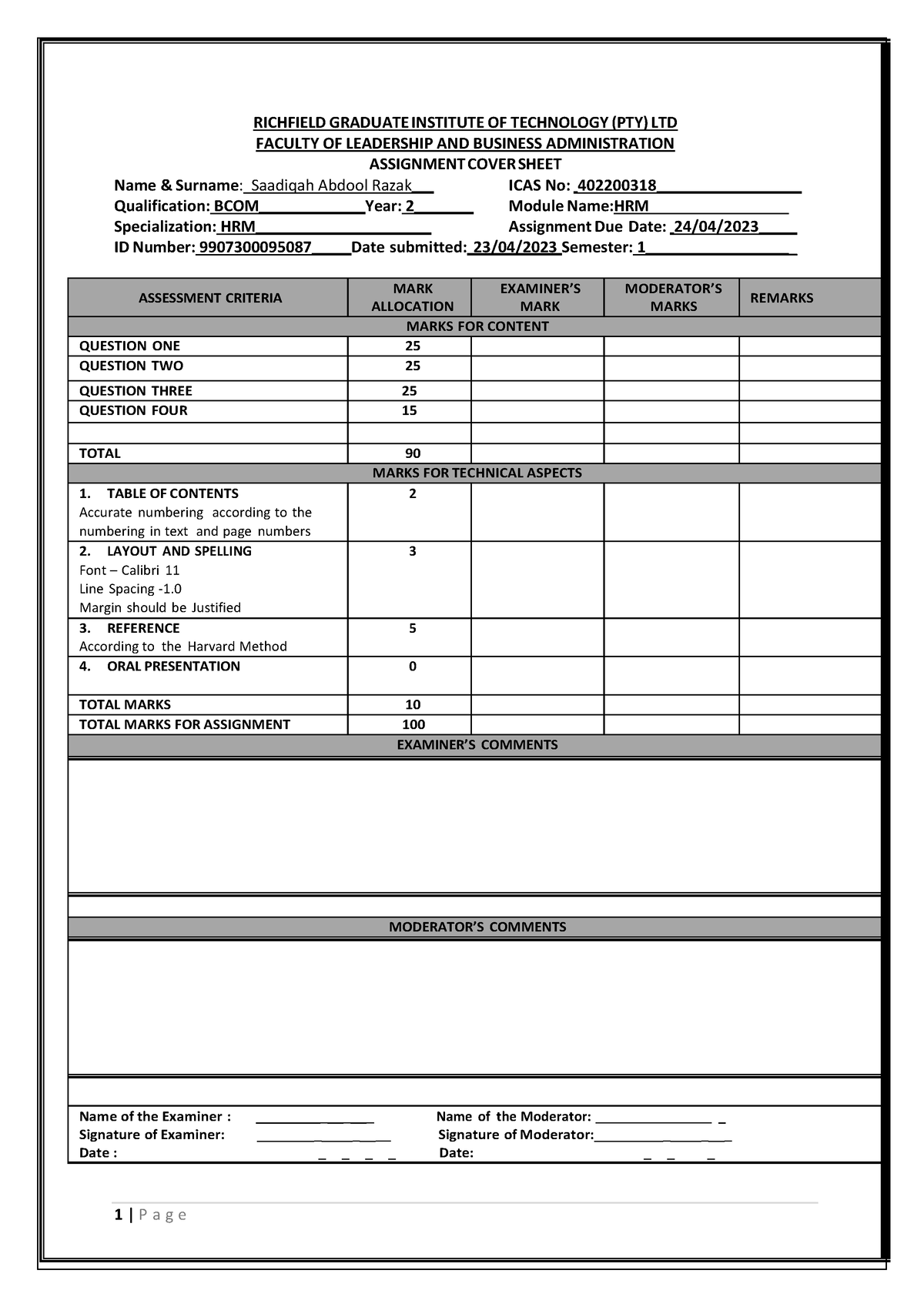 Assignment 2 HRM621 - RICHFIELD GRADUATE INSTITUTE OF TECHNOLOGY (PTY ...