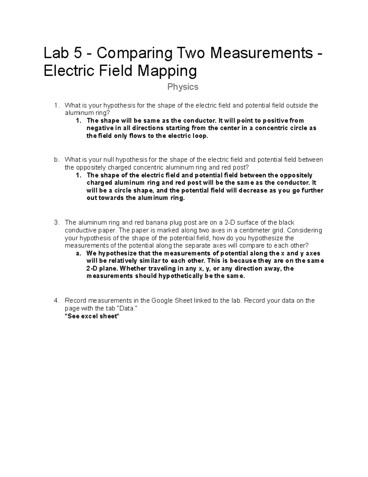 Electric Field Mapping lab physics Lab 5 Comparing Two Measurements