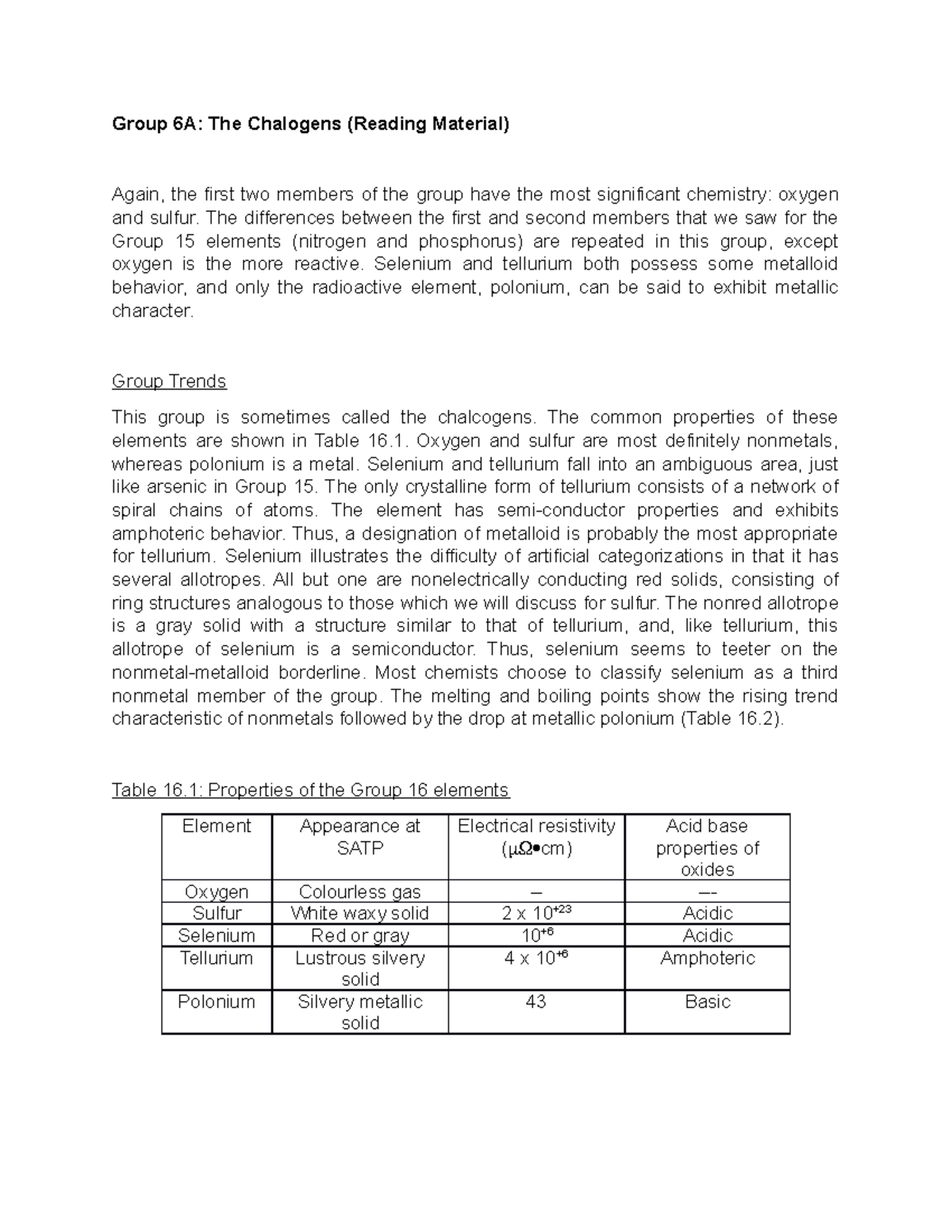 Group 6A reading material Group 6A The Chalogens (Reading Material