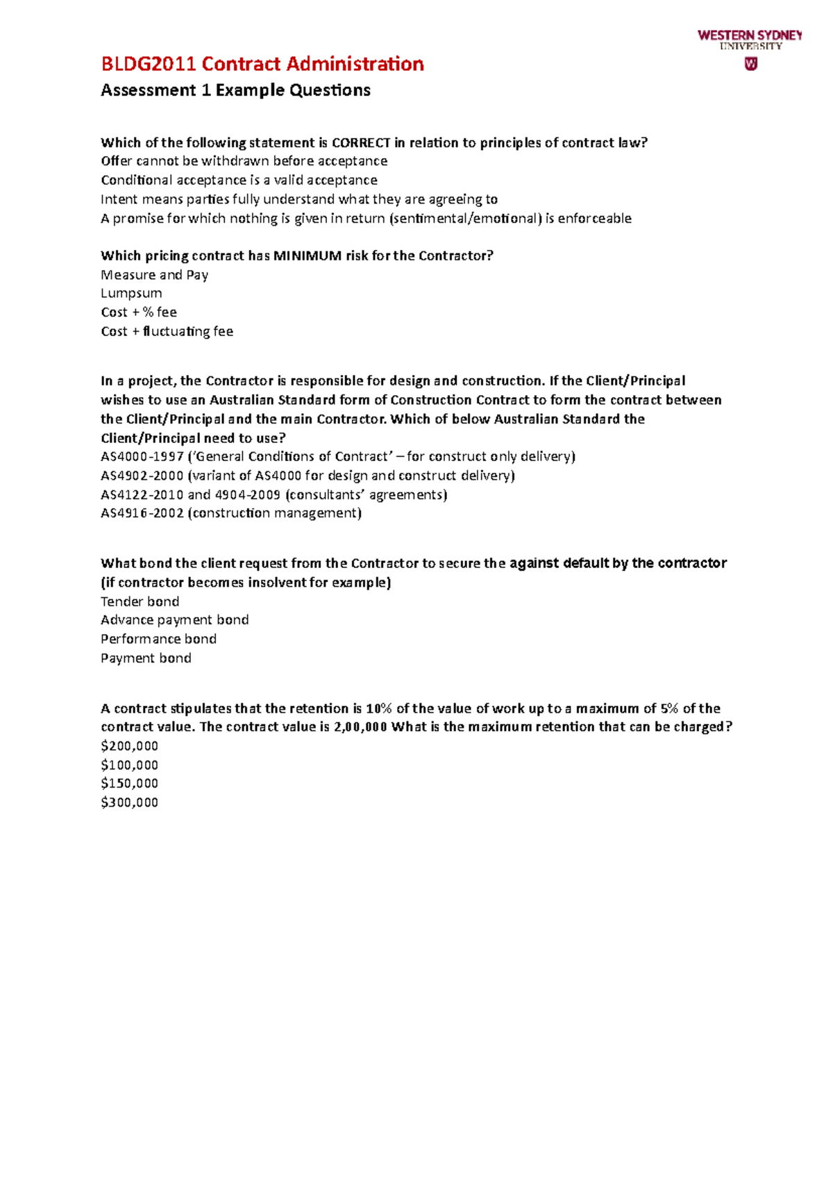 Practice questions - notes for a subject regarding contruction ...