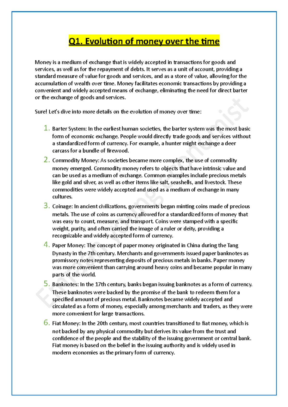 Monetary Economics - notes for midterm - Q1. Evolution of money over ...