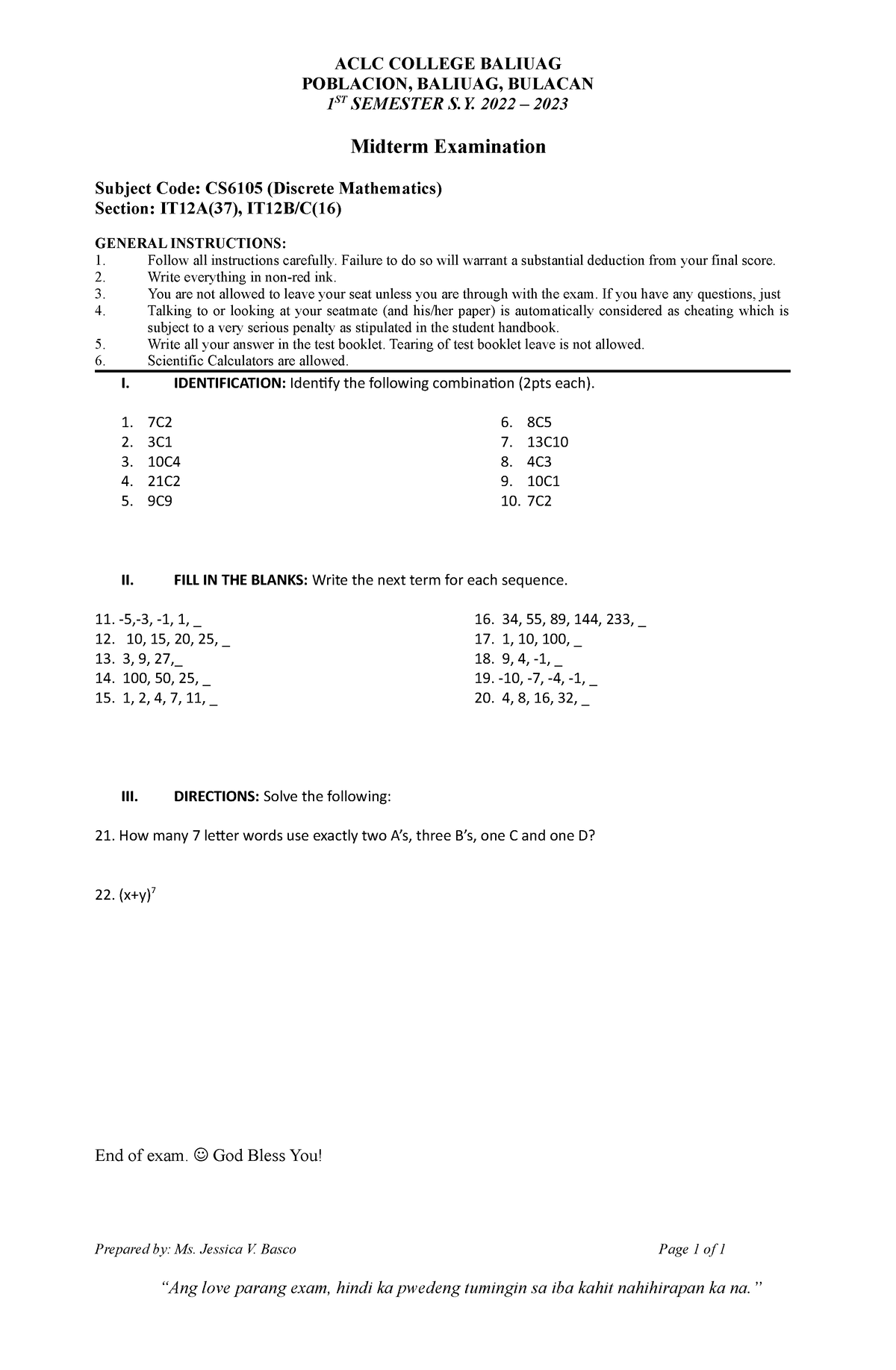 Midterm-descrete-math - ACLC COLLEGE BALIUAG POBLACION, BALIUAG ...