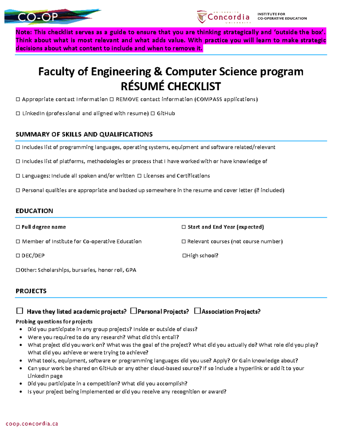 Gina Cody School Of Engineering And Computer Science Résumé Checklist ...