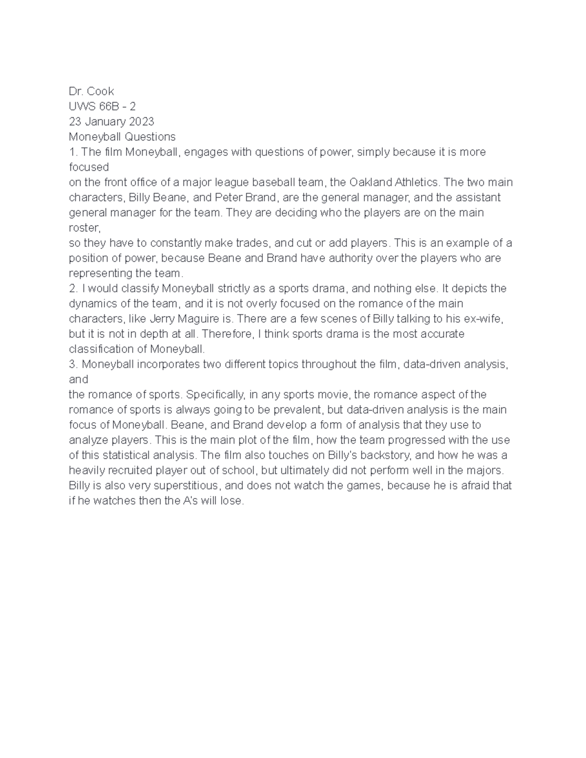 Moneyball notes uws Dr. Cook. Dr. Cook UWS 66B 2 23 January
