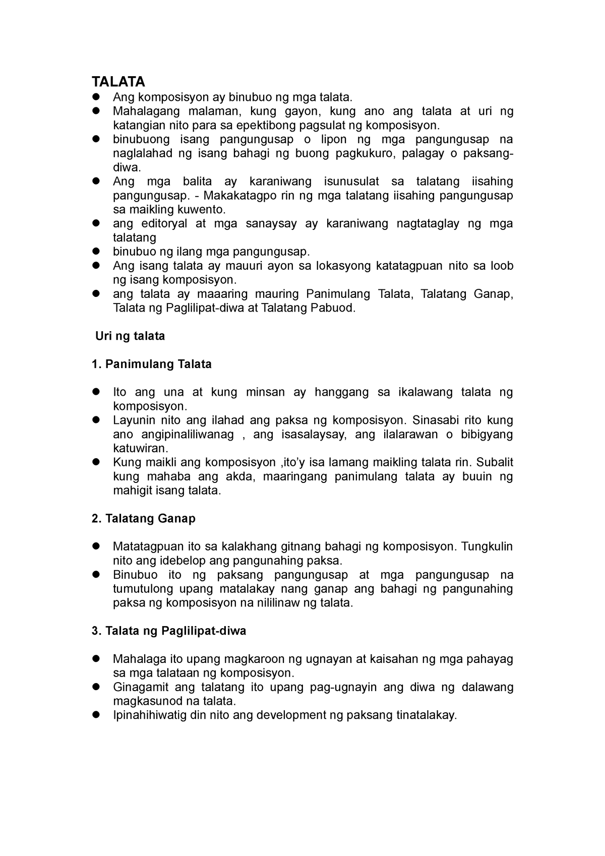Lektura Tungkol Sa Talata - TALATA Ang Komposisyon Ay Binubuo Ng Mga ...