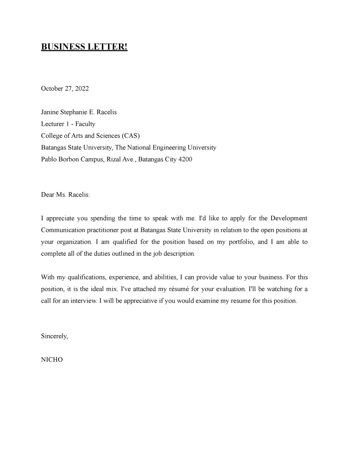 Antenor, Nicho B. GED 106 Business Letter - BUSINESS LETTER! October 27 ...