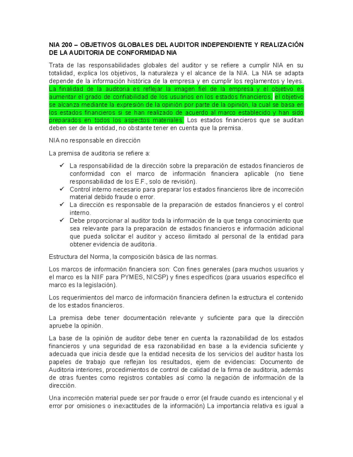 NIA 200, 210 y 220 Resumen Auditoria 4124 USAC StuDocu