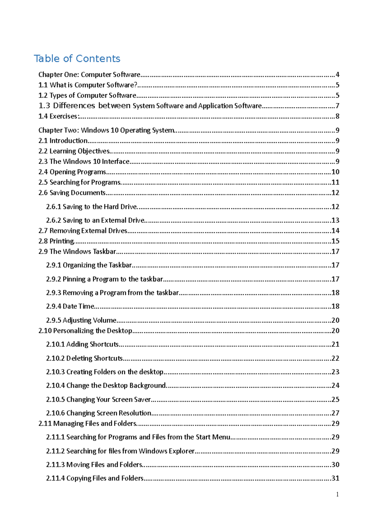 Computer pack-read2 - Table of Contents Chapter One: Computer - Studocu