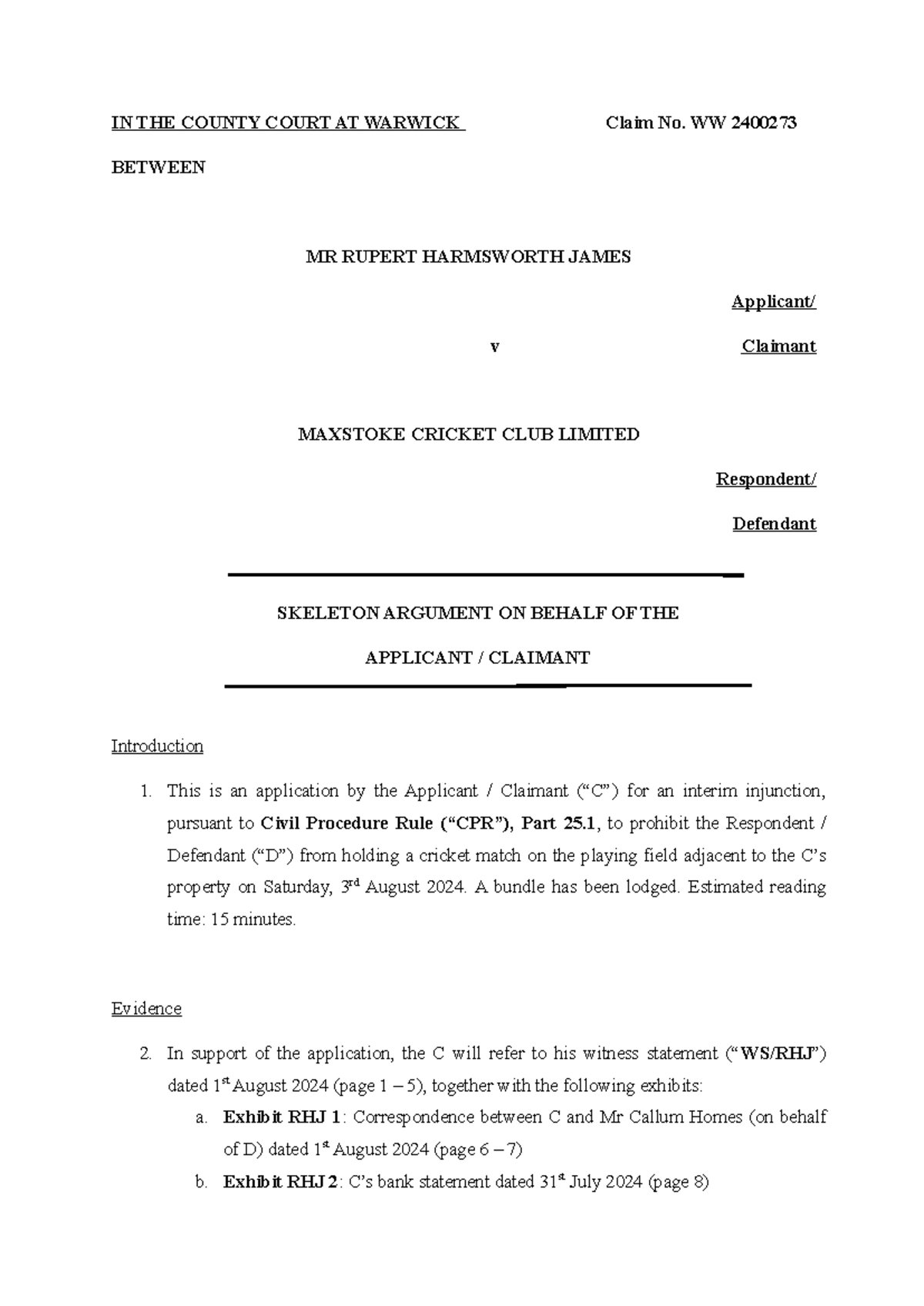 Skeleton Argument - IN THE COUNTY COURT AT WARWICK Claim No. WW 2400273 ...