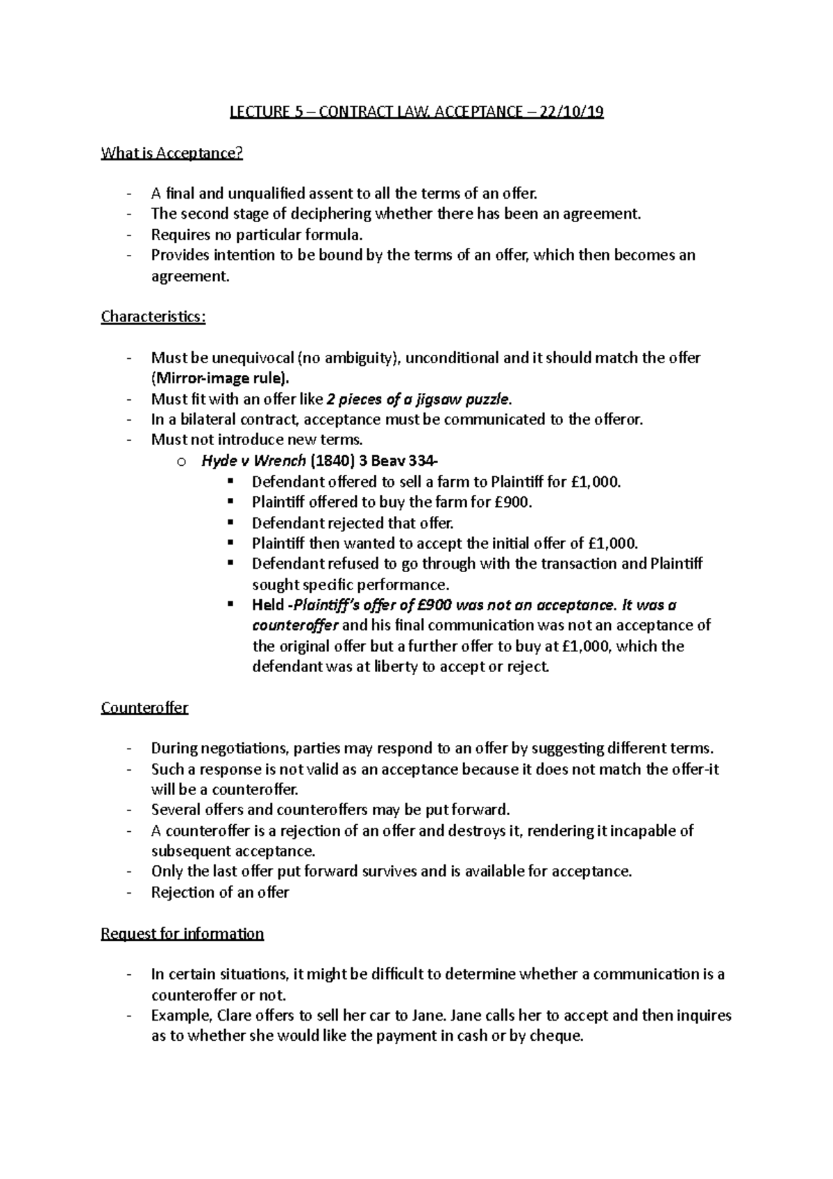 Acceptance Contract Law LECTURE 5 CONTRACT LAW ACCEPTANCE 22 