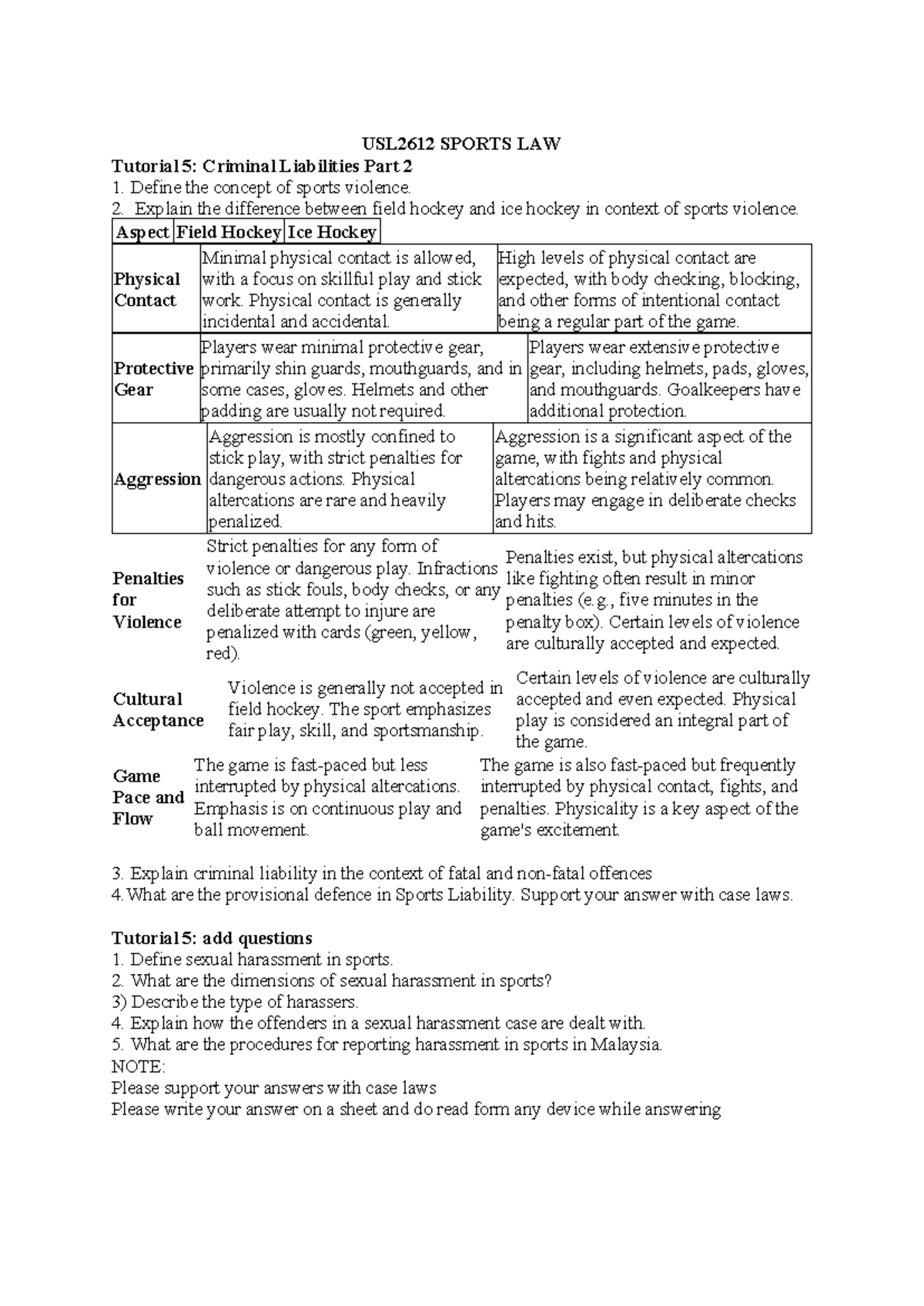 Tutorial 5 - xxx - USL2612 SPORTS LAW Tutorial 5: Criminal Liabilities ...
