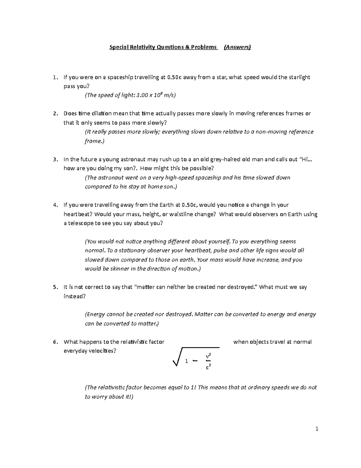 Relativity Worksheet Questions And Answers - Special Relativity ...