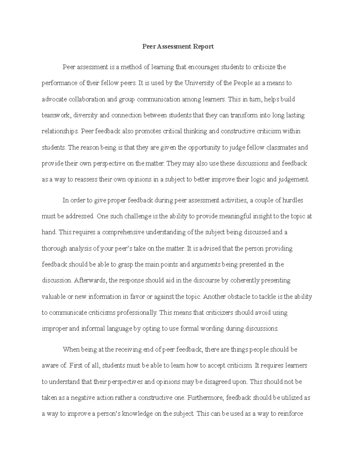 Peer Assessment Report - Peer Assessment Report Peer assessment is a ...