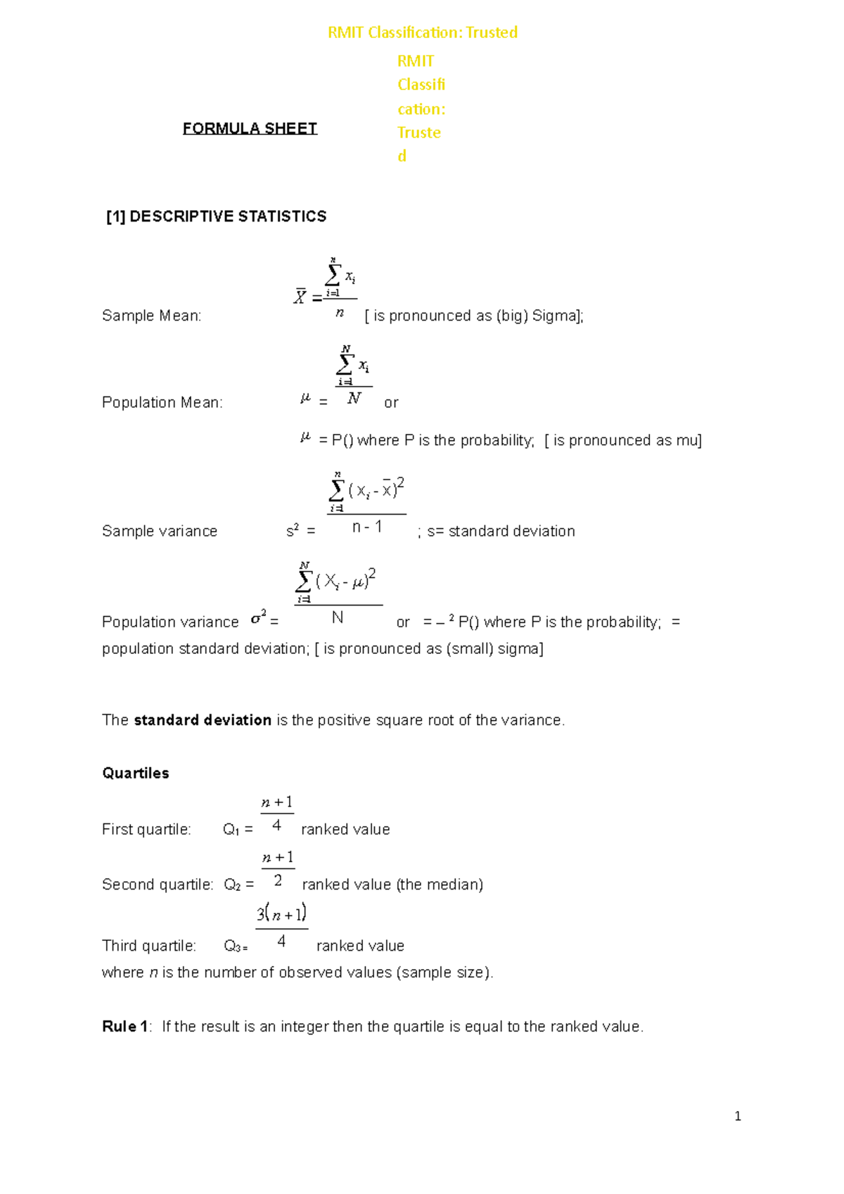 Forumla Sheet For Business Statistics - FORMULA SHEET [1] DESCRIPTIVE ...