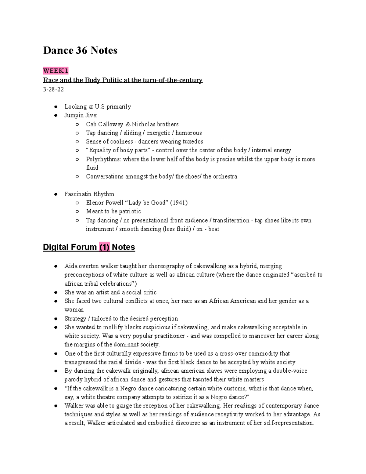Dance 36 Notes for entire quarter - Dance 36 Notes WEEK 1 Race and the ...