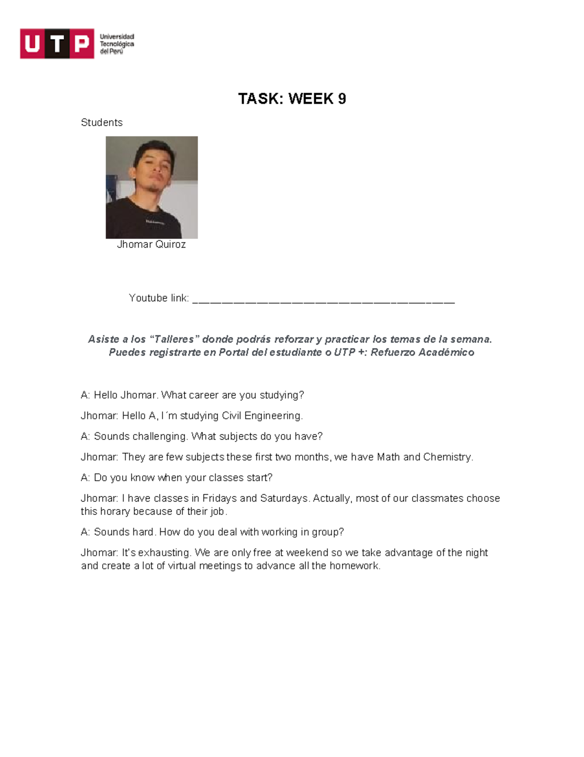 TASK 9 - Inglés - TASK: WEEK 9 Students Jhomar Quiroz Youtube link ...