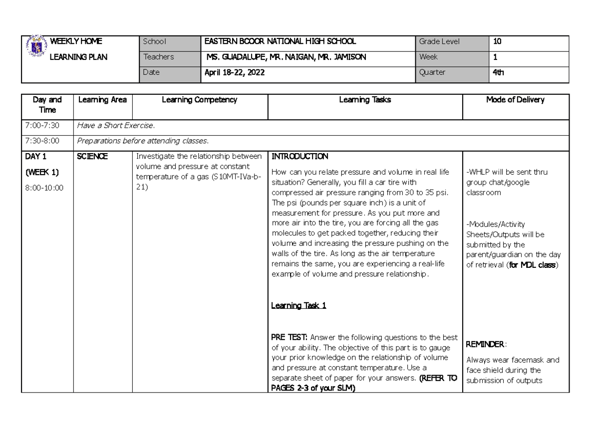 WHLP Science G10 4th Quarter Week1- Modular - WEEKLY HOME LEARNING PLAN ...