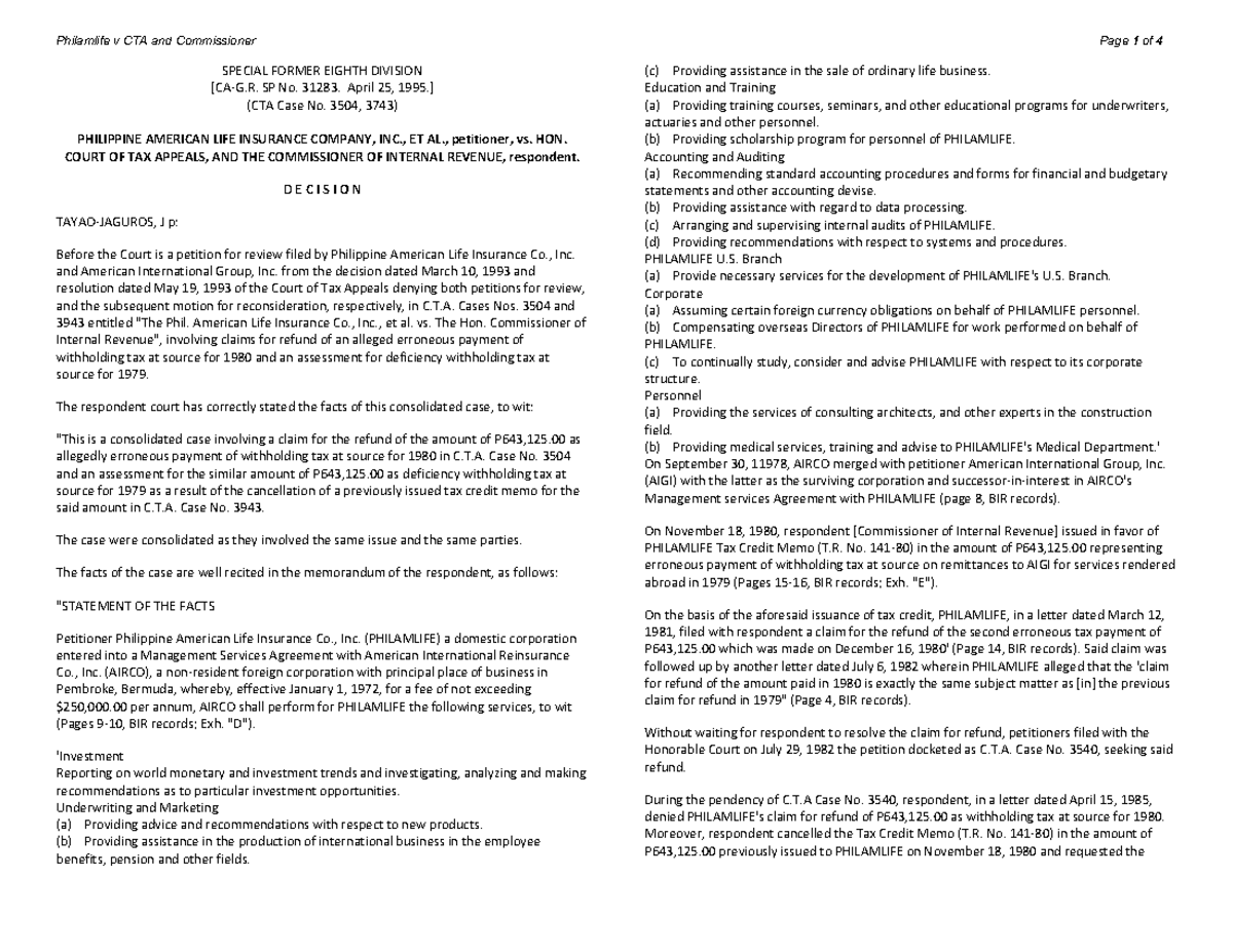 Cta case phil am life v cta and commissioner Studocu