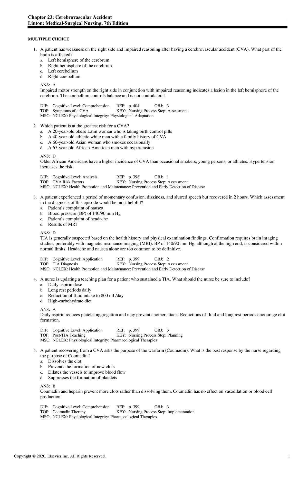 Exam View - Chapter 23 - Chapter 23: Cerebrovascular Accident Linton ...