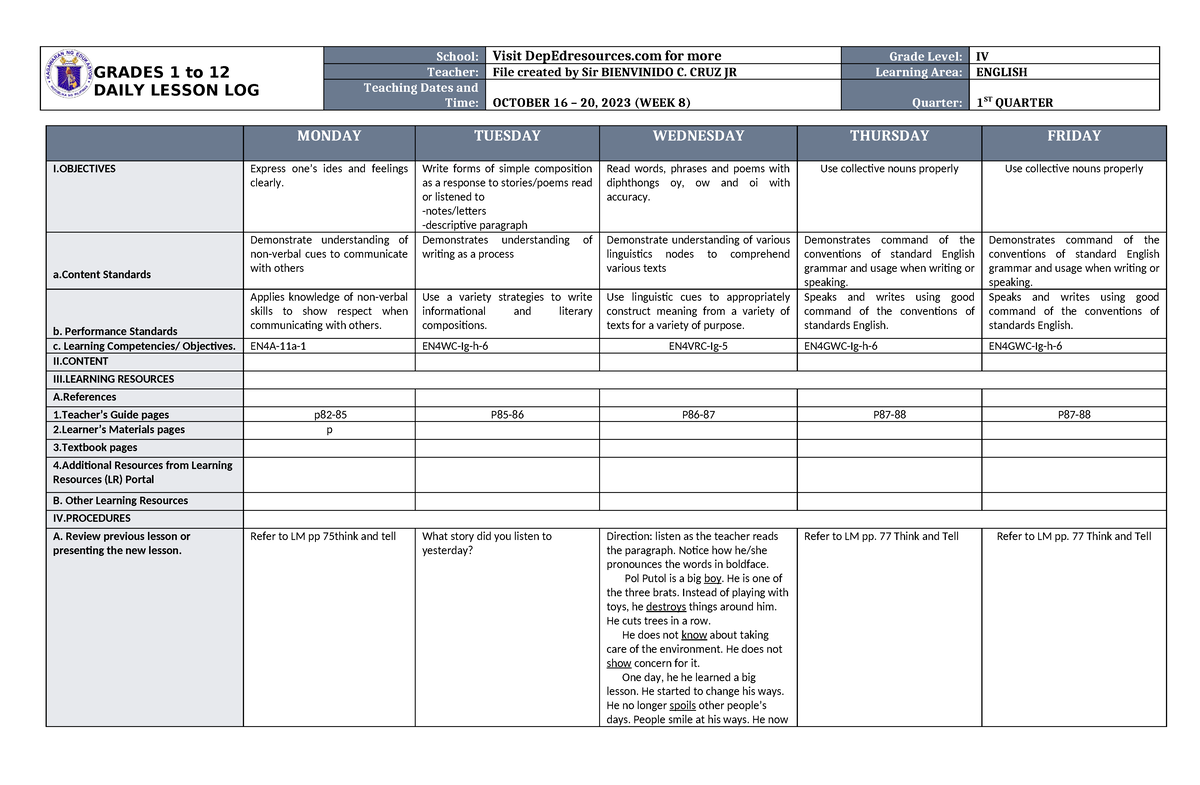 Dll English 4 Q1 W8 Grades 1 To 12 Daily Lesson Log School Visit Depedresources For More 4490