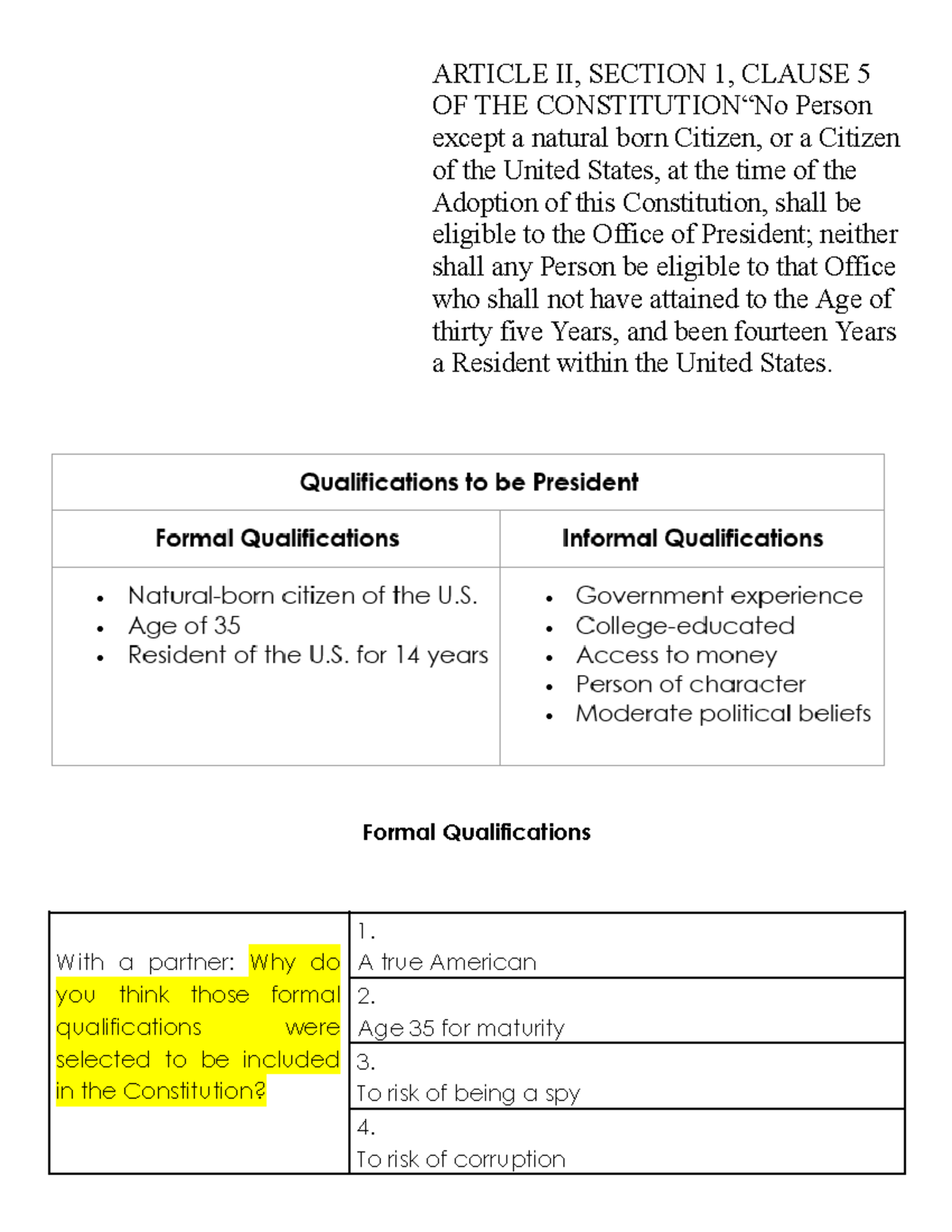 Am Gov and Civics AKS 33a&b LMT ARTICLE II, SECTION 1, CLAUSE 5 OF