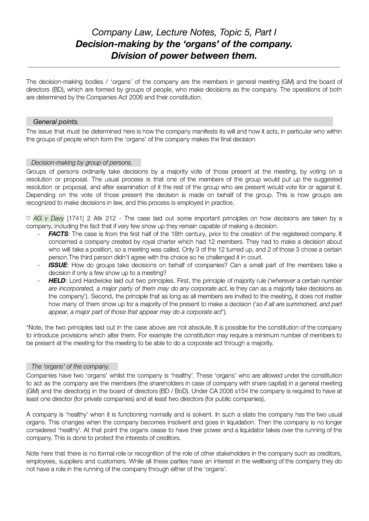 Lecture Notes (Decision-making by the ‘organs’ of the company ...